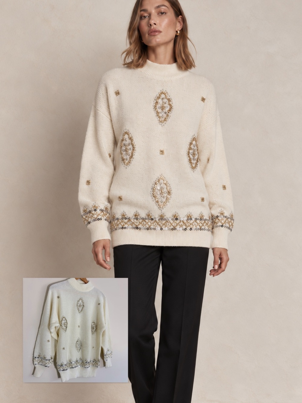 Vintage Cream Embellished Women's Knit Beaded Sweater. Mock neck,  Apres Ski